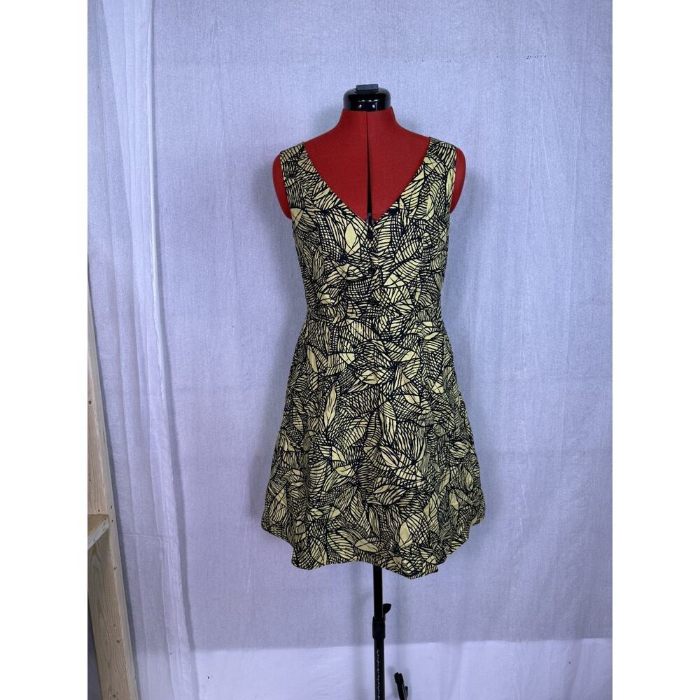 Anthropologie Made in San Francisco Black Yellow Leaves Skater Dress 2 D365
